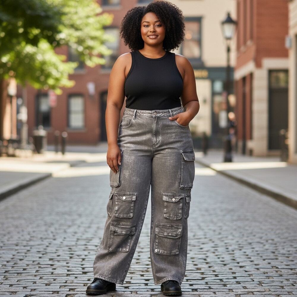 Fashion Nova Plus Size 22 Metallic Silver Foil Cargo Pants Wide Leg High Rise